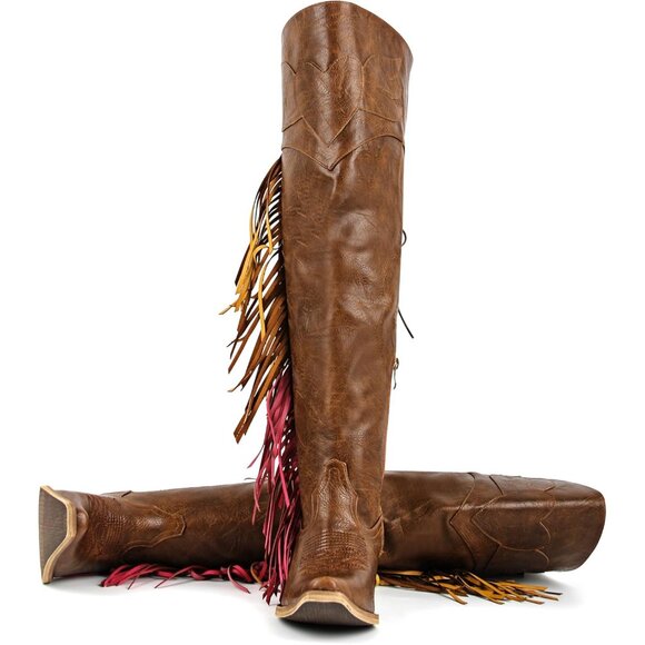Women Brown Polyurethane Pointed Toe Fringe Adjustable Thigh High Cowgirl Boot - Picture 6 of 6
